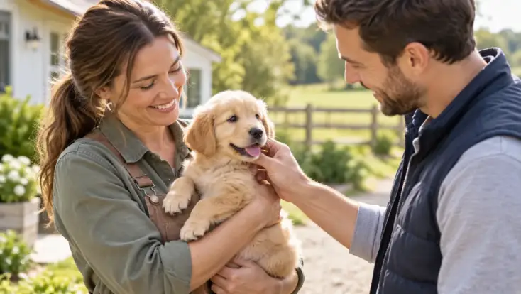 Family meeting a breeder and holding a puppy at a country home